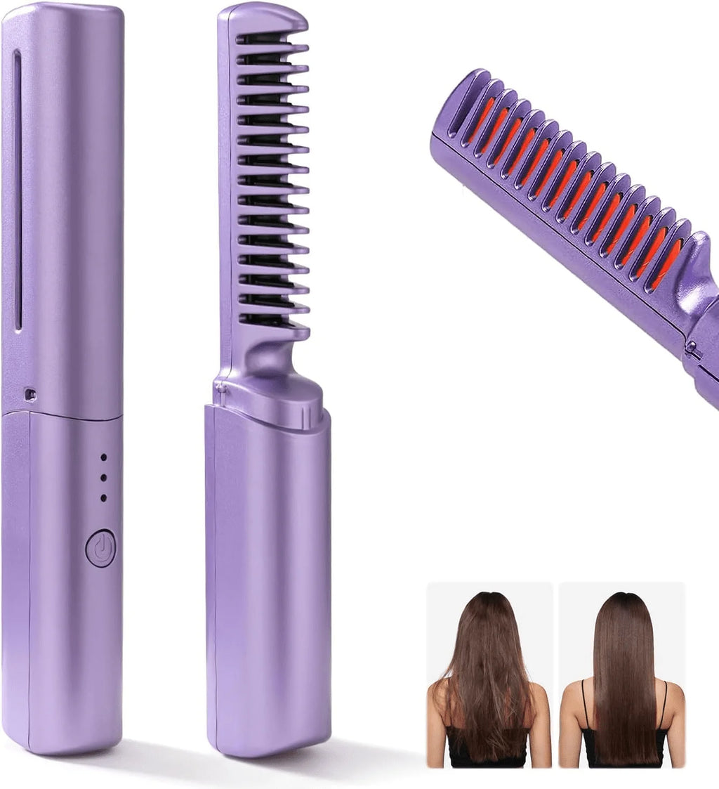 Rechargeable Mini Hair Straightener, Negative Ion Hot Comb Hair Straightener, Portable Cordless Hair Straightening Brush,A Quick Styling Brush