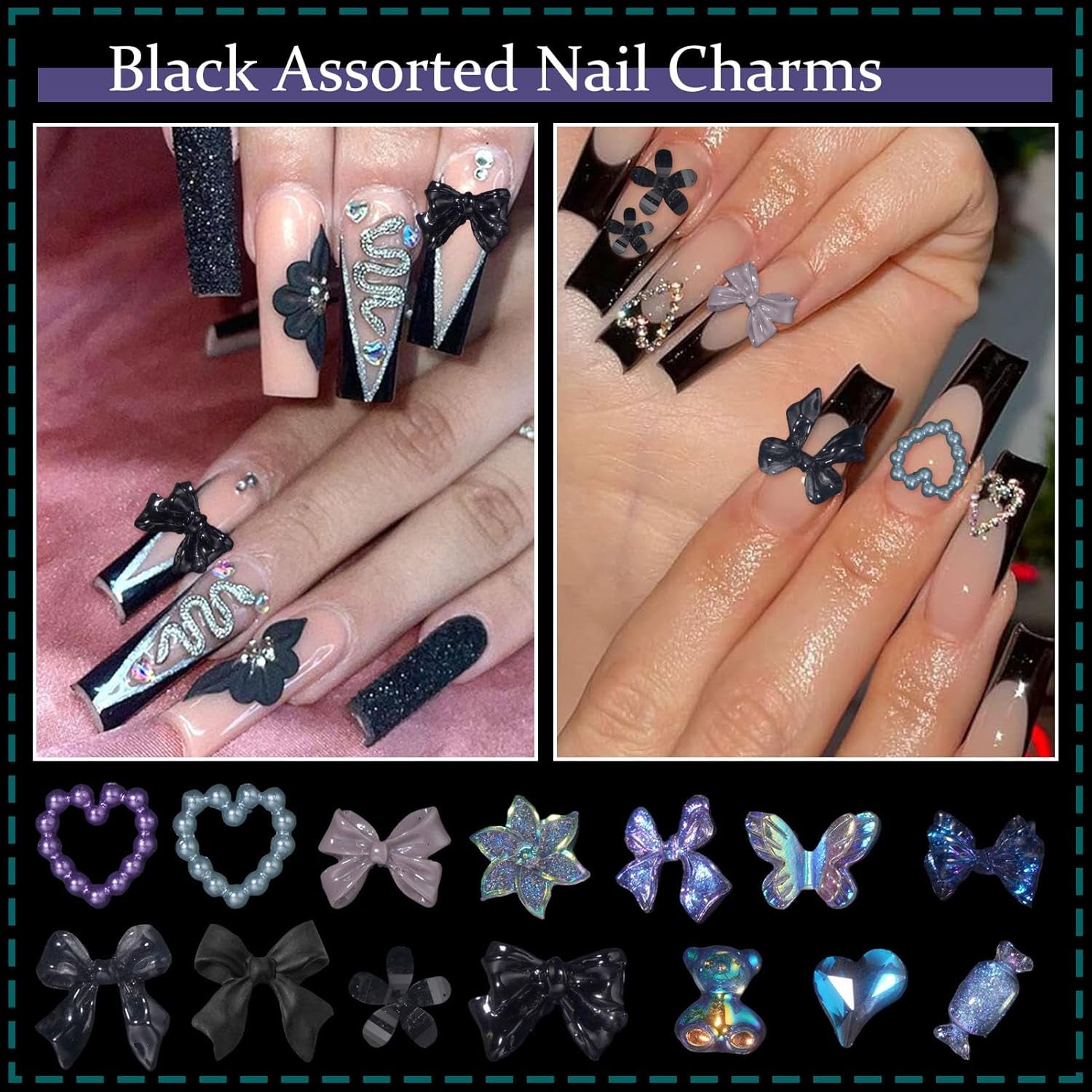 100Pcs Cross Nail Charms, Butterfly Planet Star Nail Gems Charms, Black 3D Assorted Butterfly Flower Bows Heart Nail Charms Assorted Nail Art Charms for Manicure DIY Craft Jewel Accessories