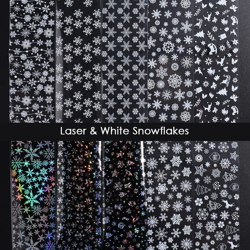 10 Sheets Christmas Nail Stickers,Christmas Nail Art Foil Transfer Stickers Nail Art Supplies Holographic Laser Nail Foils Winter Xmas White Snowflakes Nail Decals for Women Girls Manicure Decorations