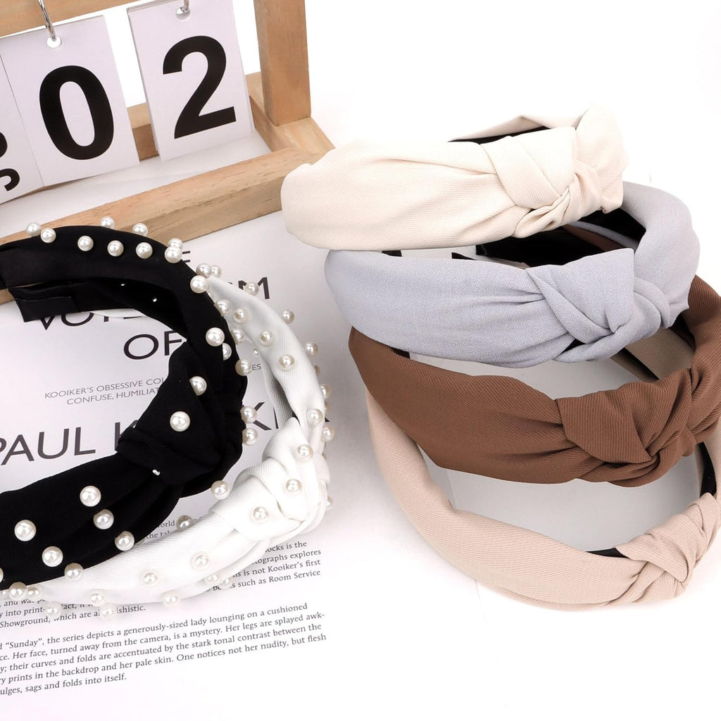 6PCS Knotted Headbands for Women Girls Non Slip Pearl Headband Top Knot Headband for Women Black White Brown Head Band Hair Accessories for Women