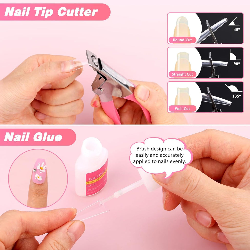 600PCS Clear Coffin Nail Tips Set - Clear Nail Tips for Acrylic Nails French Half Cover Fake Nail Tips Kit with Nail Glue, Nail Display Stand, Clipper, Cuticle Pusher Remover, Nail File and Buffer