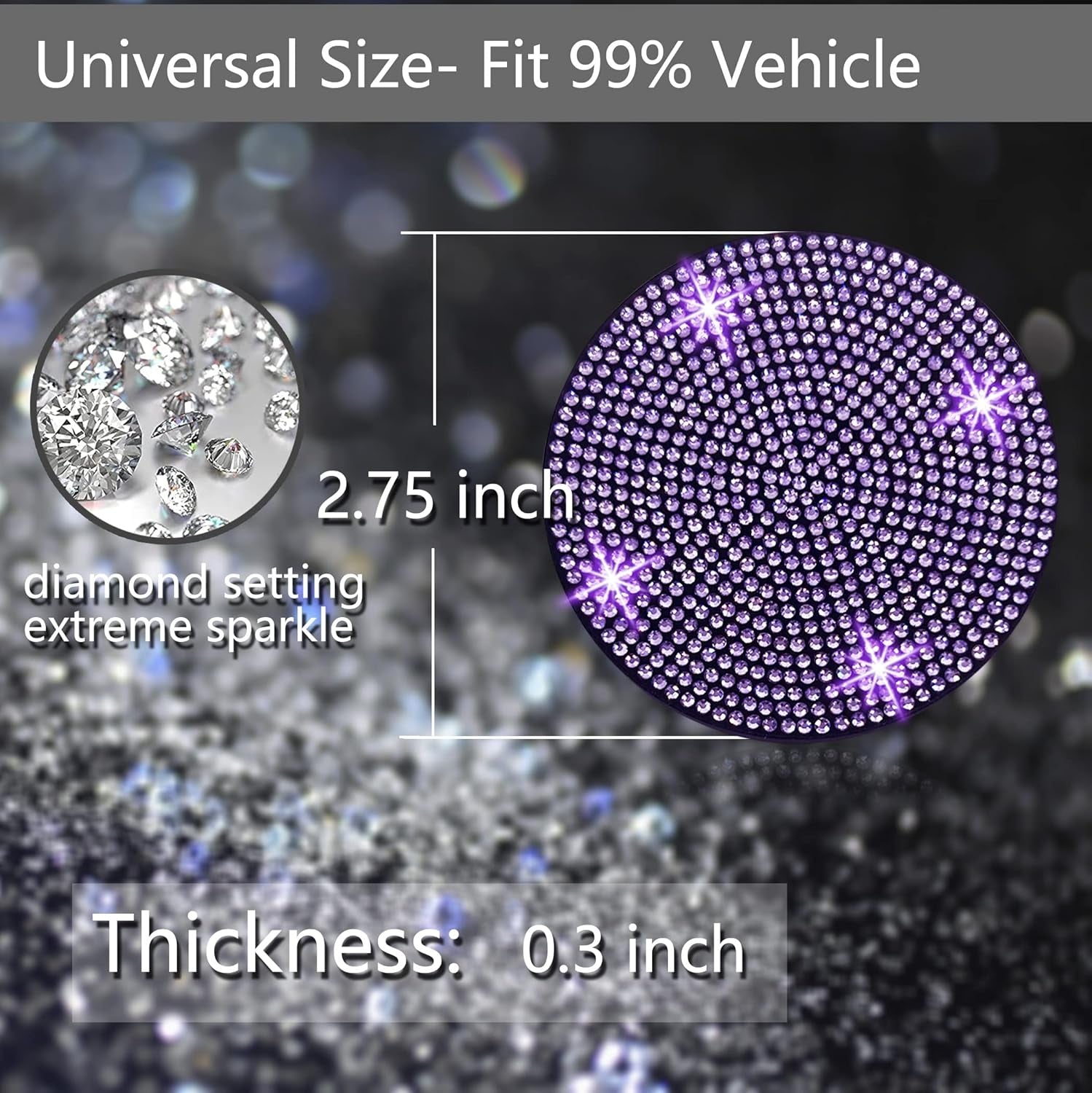 2Pcs Bling Car Cup Holder Coaster, 2.75 Inch Anti-Slip Shockproof Universal Car Coasters Insert Bling Crystal Rhinestone Automotive Interior Accessories for Women (2 Pcs, Purple Violet)
