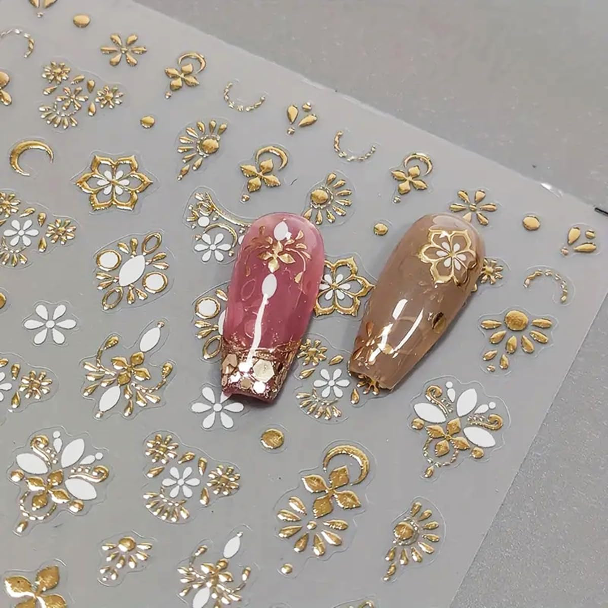 Gold Nail Art Stickers Golden Totem Decals 3D Bronzing Self-Adhesive Supplies Luxury Design Hollow Flower Nails Adhesive Sliders for Women Girls DIY Manicure Decorations