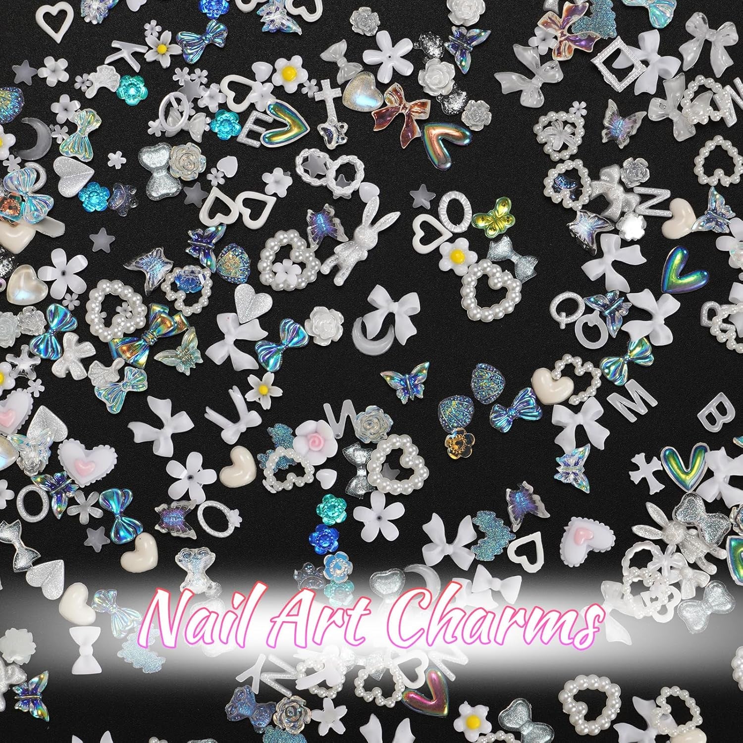 320Pcs White Butterfly Planet Heart Star Cross Nail Rhinestones Charms 3D Alloy Pearl Nail Charms Bow Flower Nail Charms for Manicure DIY Craft Jewel Accessories, Small