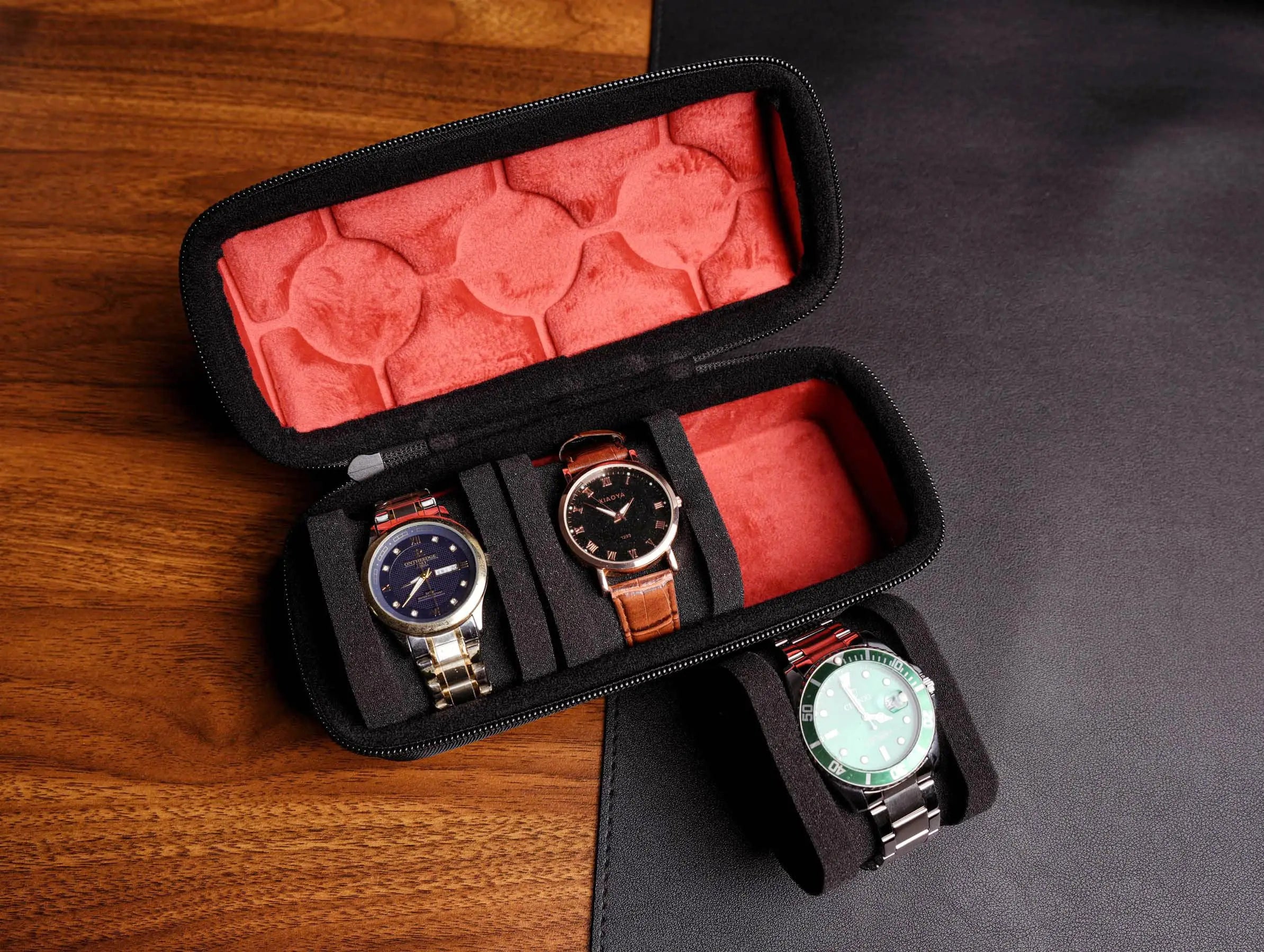 2/3/5 Slots Watch Travel Case,Hard Watch Roll, Travel Watch Organizer Case with Form-Fitting Pillow, Red Microfiber Lining