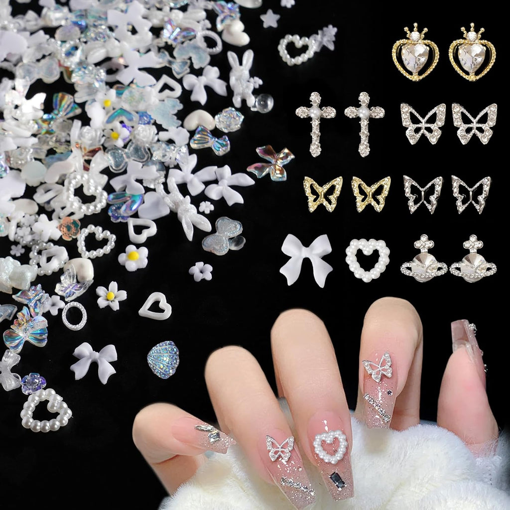 320Pcs White Butterfly Planet Heart Star Cross Nail Rhinestones Charms 3D Alloy Pearl Nail Charms Bow Flower Nail Charms for Manicure DIY Craft Jewel Accessories, Small