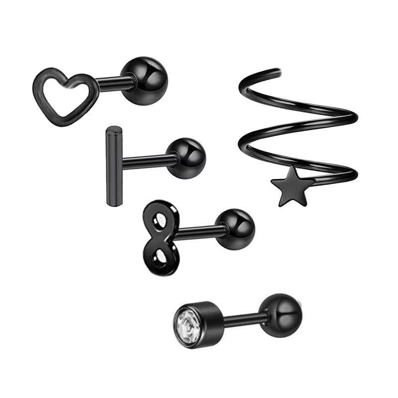 5PCS Heart Tragus Piercing Stud Earring Set Small Lobe Stud Earrings Cartilage Piercing Helix Jewelry Barbell Stud Piercing Lot