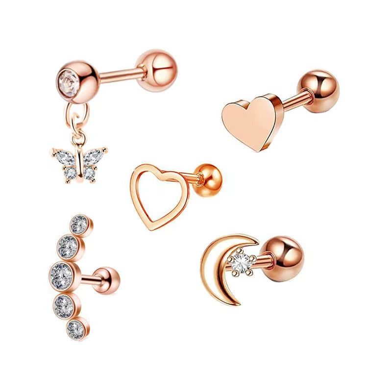 5PCS Heart Tragus Piercing Stud Earring Set Small Lobe Stud Earrings Cartilage Piercing Helix Jewelry Barbell Stud Piercing Lot