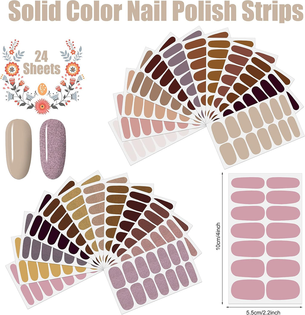 336 Pieces 24 Sheets Classic Retro Solid Color Nail Polish Strips Glitter Nail Wraps with Nail File Self-Adhesive Dark Nail Stickers Full Nail Wraps for Women Girls Nail Art