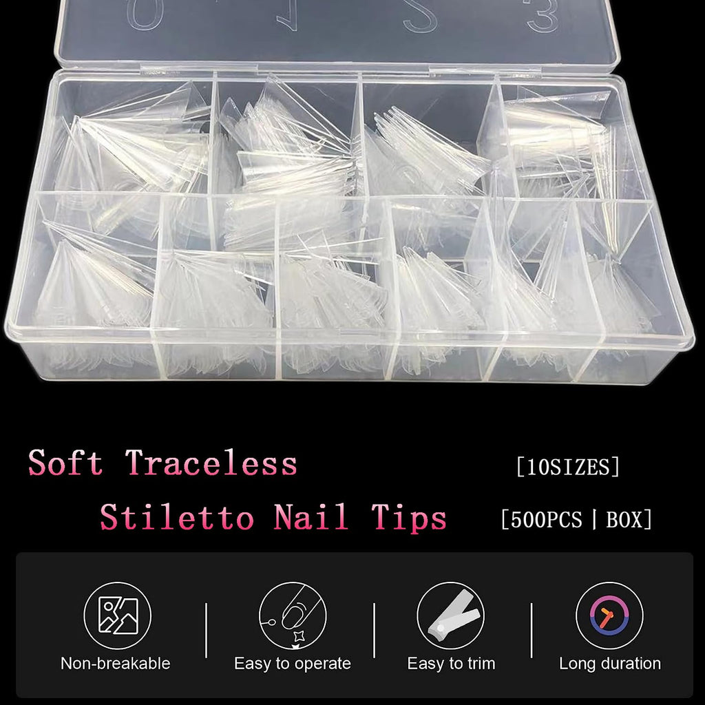 500PCS Stiletto Nail Tips  Extra Long Nails Clear Nail Tips Half Cover XL Stiletto Shape Acrylic Pointed Nails for Halloween Salon and Home DIY 10 Sizes with Box 5.9 Ounce
