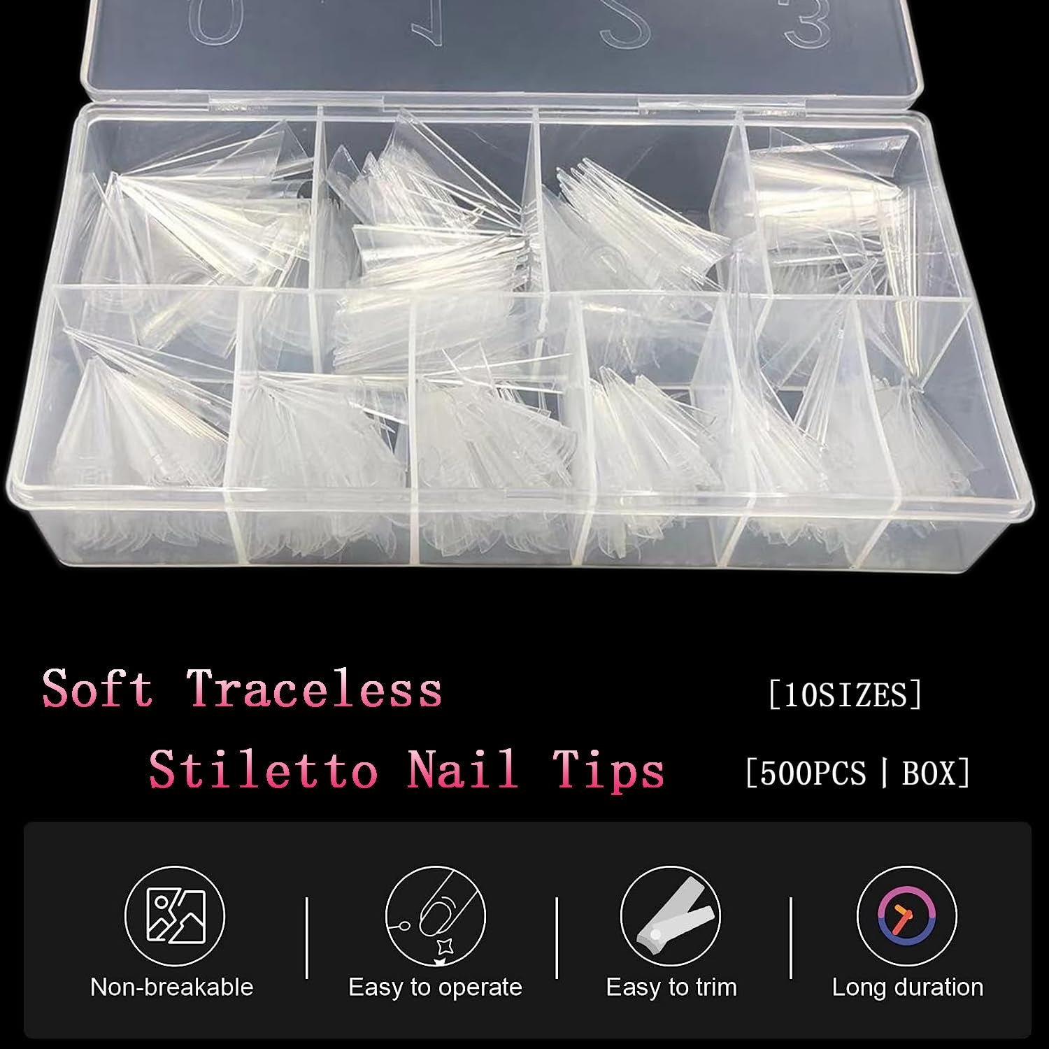 500PCS Stiletto Nail Tips  Extra Long Nails Clear Nail Tips Half Cover XL Stiletto Shape Acrylic Pointed Nails for Halloween Salon and Home DIY 10 Sizes with Box 5.9 Ounce