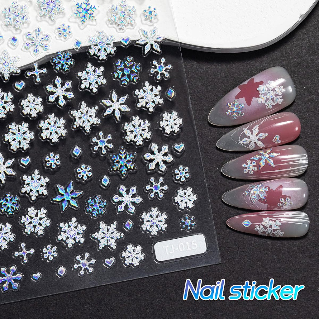 5D Embossed Christmas Laser Nail Stickers - Holographic Blue White Snowflake Self-Adhesive Decals for Winter Bronzing Nail Art Kit