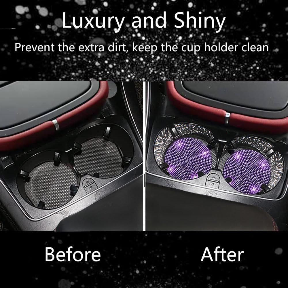 2Pcs Bling Car Cup Holder Coaster, 2.75 Inch Anti-Slip Shockproof Universal Car Coasters Insert Bling Crystal Rhinestone Automotive Interior Accessories for Women (2 Pcs, Purple Violet)