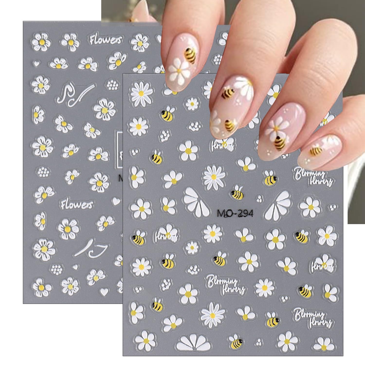 Flower Nail Art Stickers 5D Embossed Cute Bee Nails Decals Spring Daisy Design Fall Flowers Nails Art Decoration Self-Adhesive Nail Supplies for Women Manicure Accessories, 3Pcs