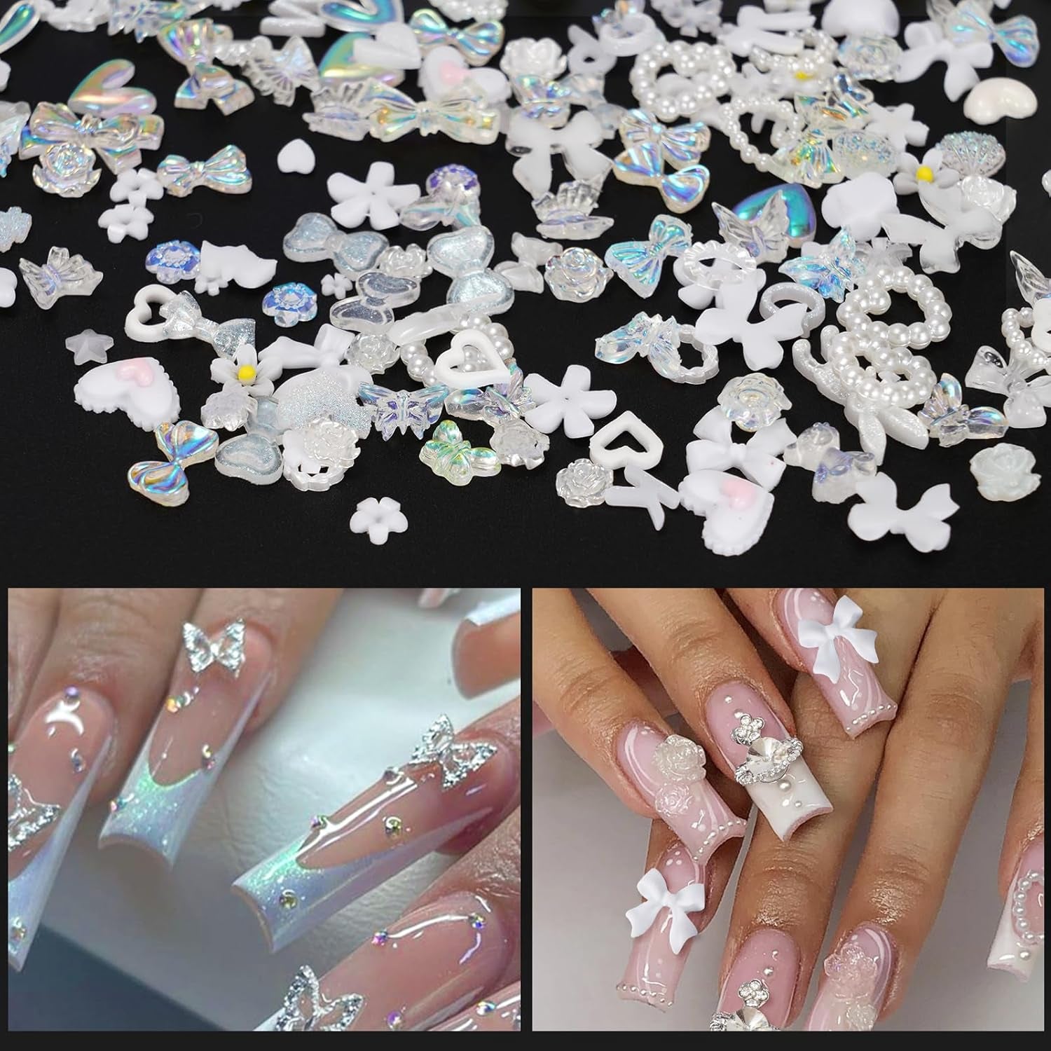 320Pcs White Butterfly Planet Heart Star Cross Nail Rhinestones Charms 3D Alloy Pearl Nail Charms Bow Flower Nail Charms for Manicure DIY Craft Jewel Accessories, Small