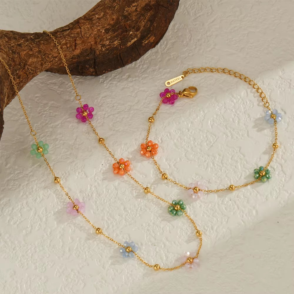 Sifisrri Vintage Color Flower Beads Chain Necklace Bracelet Jewerly Set for Women Stainless Steel Fashion Valentine'S Day Gift
