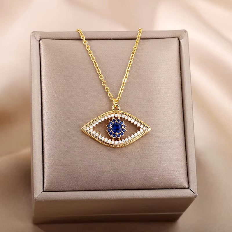 Turkish Evil Eye Pendant Necklace for Women Gold Color Stainless Steel Necklaces 2024 Trending Choker Lucky Aesthetic Jewelry