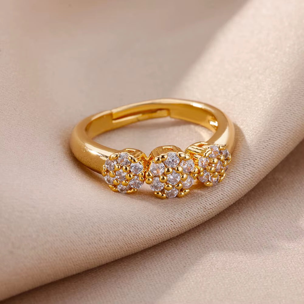 Zircon Flower Shaped Rings for Women Stainless Steel Open Ring Fashion Korean New Wedding Jewerly Gift