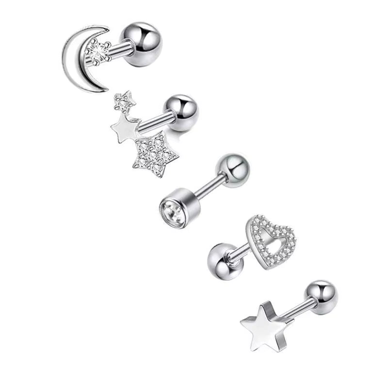 5PCS Heart Tragus Piercing Stud Earring Set Small Lobe Stud Earrings Cartilage Piercing Helix Jewelry Barbell Stud Piercing Lot