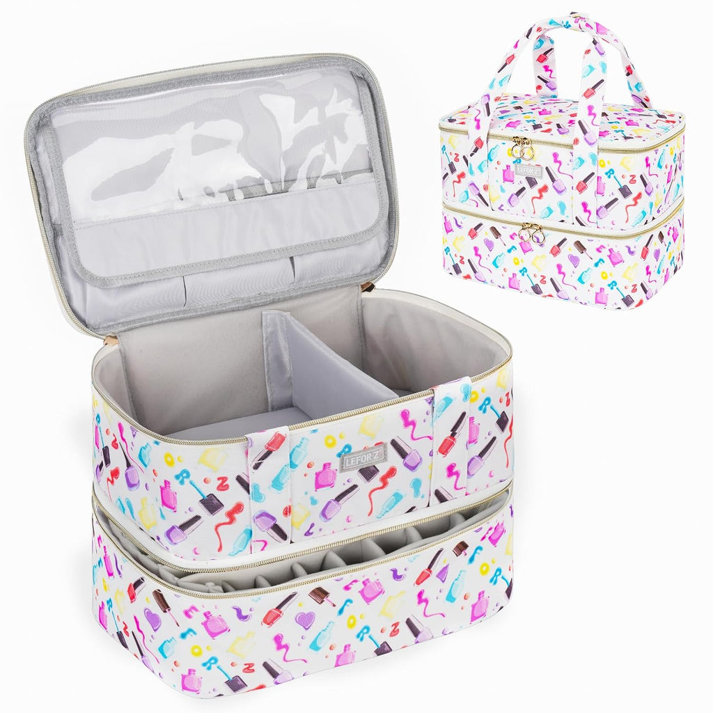 Nail Polish Organizer,Nail Organizers and Storage for Nail Tech,Nail Polish Carrying Case Bag Holds 40 Bottles and Nail Lamp,Portable Nail Polish Holder for Nail Supplies,Nail Polish Print Pattern