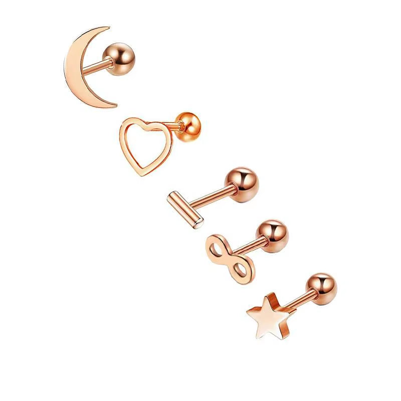 5PCS Heart Tragus Piercing Stud Earring Set Small Lobe Stud Earrings Cartilage Piercing Helix Jewelry Barbell Stud Piercing Lot