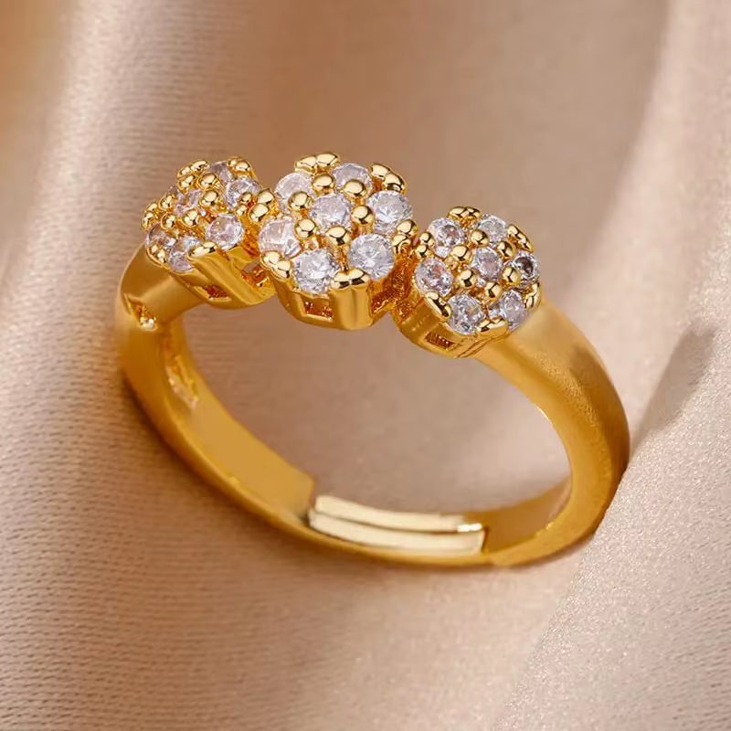 Zircon Flower Shaped Rings for Women Stainless Steel Open Ring Fashion Korean New Wedding Jewerly Gift