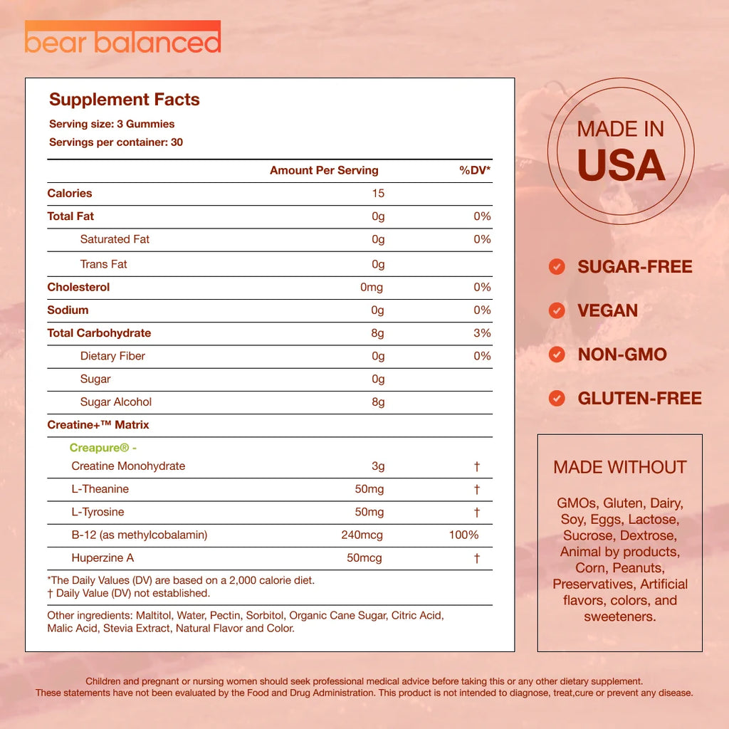 Creatine Gummies, Muscle Growth Support for Men and Women, Peach Mango, 90 Count