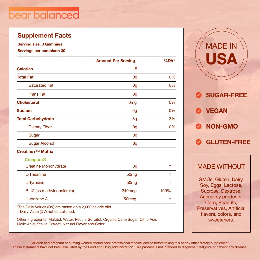 Creatine Gummies, Muscle Growth Support for Men and Women, Peach Mango, 90 Count