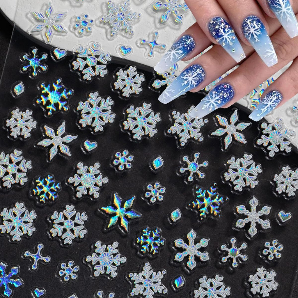 5D Embossed Christmas Laser Nail Stickers - Holographic Blue White Snowflake Self-Adhesive Decals for Winter Bronzing Nail Art Kit