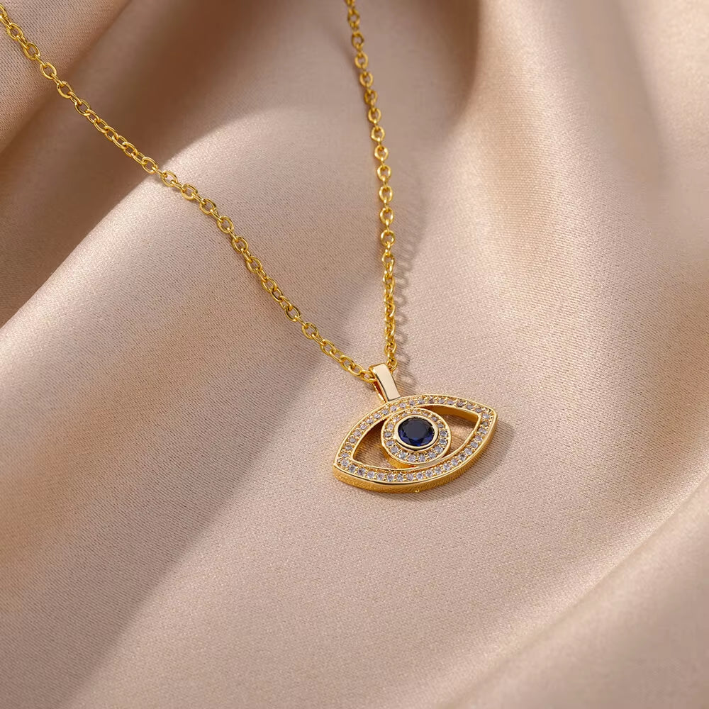 Zircon Evil Eye Pendant Necklace for Women Stainless Steel Lucky Turkish Demon Eye Necklaces 2023 New Trend Aesthetic Jewerly