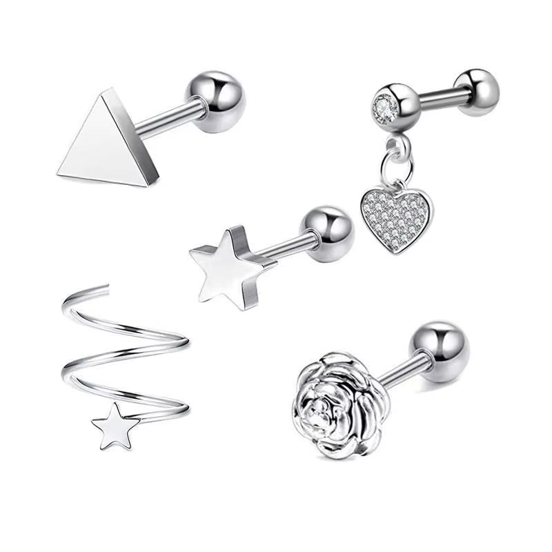 5PCS Heart Tragus Piercing Stud Earring Set Small Lobe Stud Earrings Cartilage Piercing Helix Jewelry Barbell Stud Piercing Lot