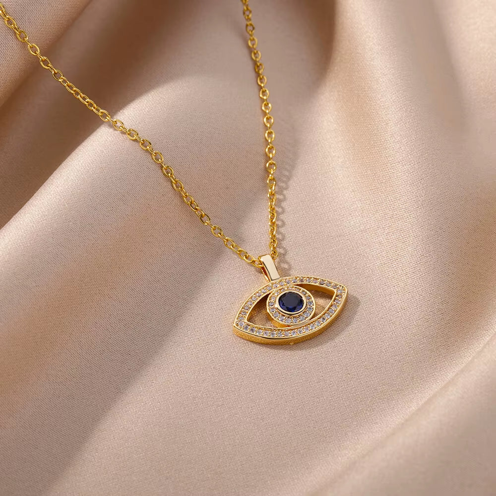Zircon Evil Eye Pendant Necklaces for Women Stainless Steel Gold Color Necklace 2024 Trend Aesthetic Lucky Turkish Jewerly Gift