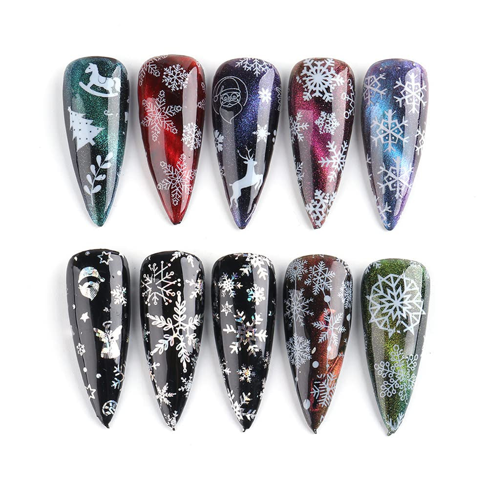 10 Sheets Christmas Nail Stickers,Christmas Nail Art Foil Transfer Stickers Nail Art Supplies Holographic Laser Nail Foils Winter Xmas White Snowflakes Nail Decals for Women Girls Manicure Decorations