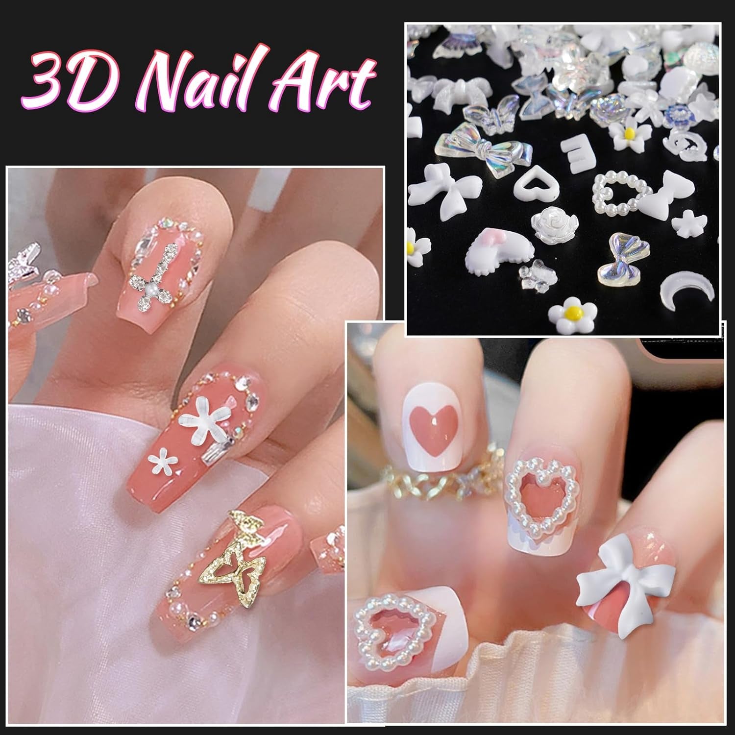 320Pcs White Butterfly Planet Heart Star Cross Nail Rhinestones Charms 3D Alloy Pearl Nail Charms Bow Flower Nail Charms for Manicure DIY Craft Jewel Accessories, Small