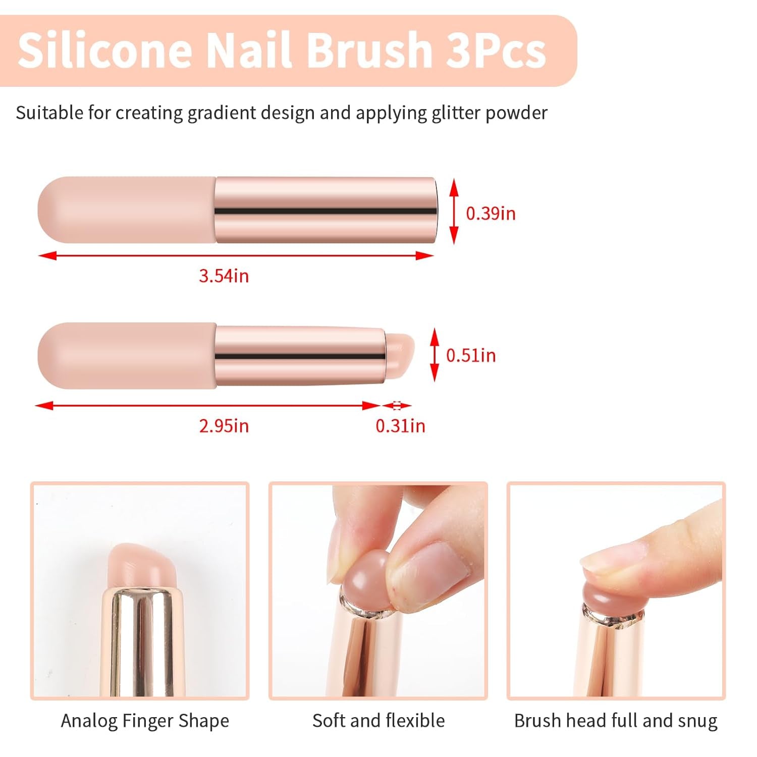 3Pcs Silicone Nail Tools, Pink Nail Art Brushes for Ombre Nail, Chrome Nail, French Nail, Soft Silicone Nail Stamping Manicure Tool