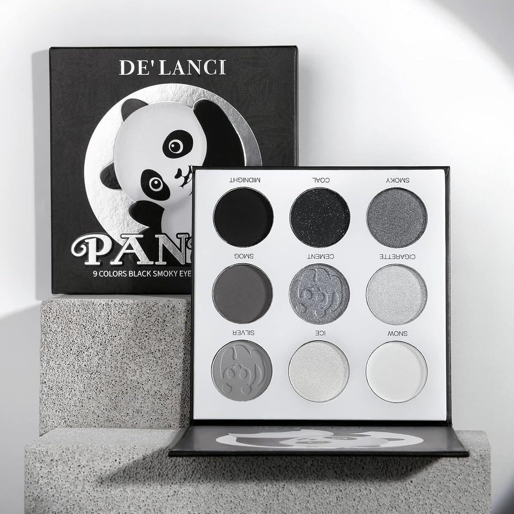 Black Smoky Eye Shadow Palette, DE’LANCI PANDA 9 Colors True Black Dark Grey Smokey Goth Makeup Pallet, 9 Soft Matte Shimmer High Pigmented Basic Black White Gray Shade for Halloween