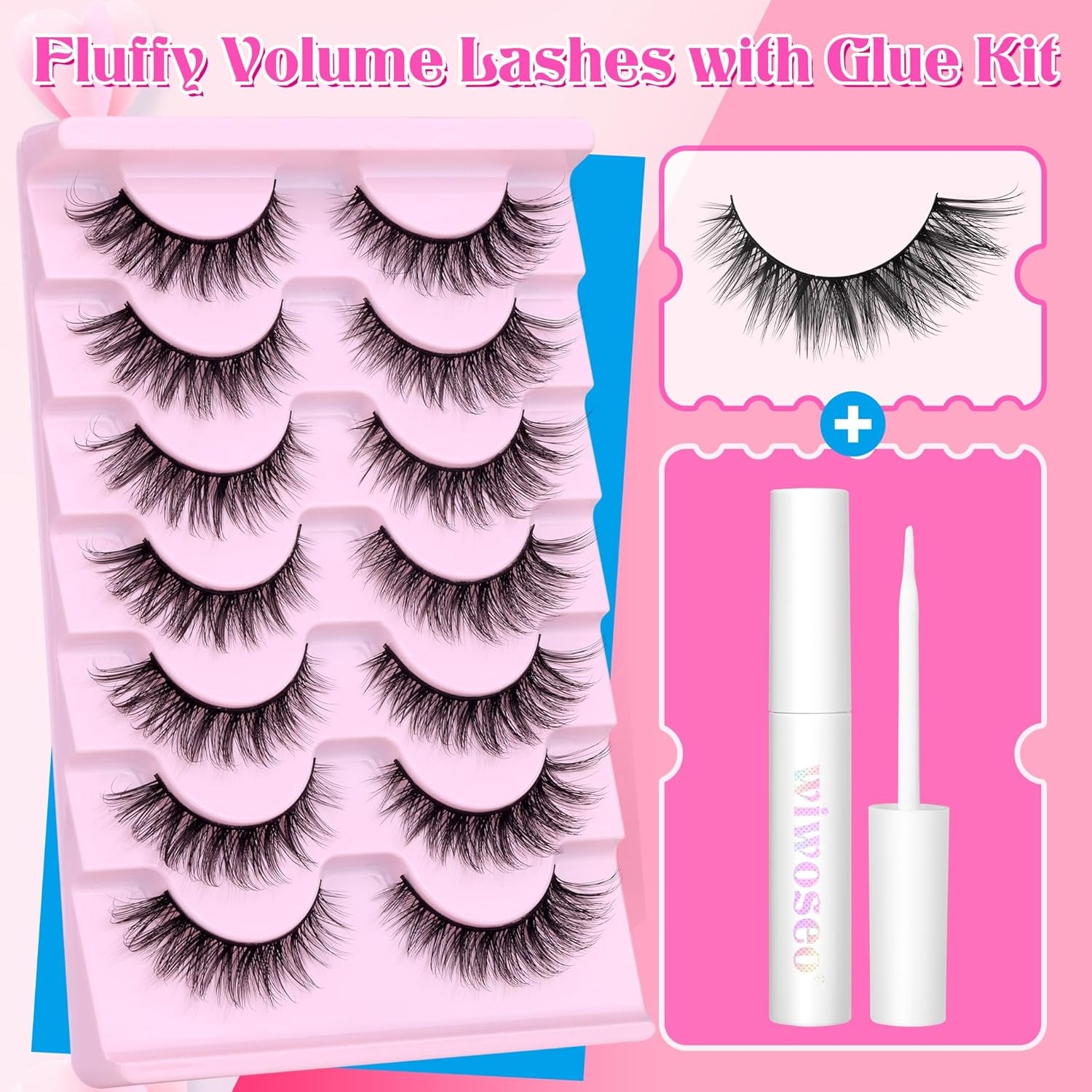 Wispy Lashes Natural Look False Eyelashes with Lash Glue Cat Eye Lashes Kit Lashes Extension with Eyelash Glue Short Lashes Pack, 7 Pairs with Clear Lash Glue by