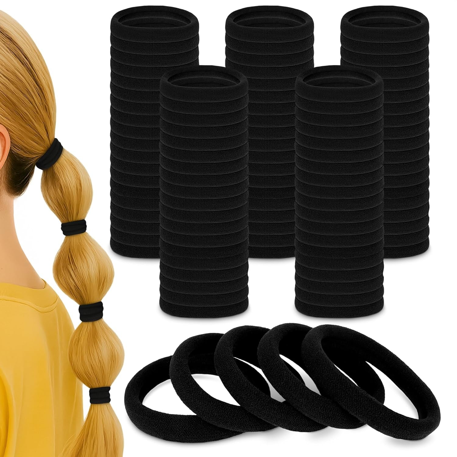 100 Pcs Soft Black Hair Ties Bulk – 1.9" Seamless Cotton Ponytail Holders, Small Black Elastic Hair Ties No Damage, Breathable & Gentle to Wear – Elasticity & Strength, Reliable & Strong Hold