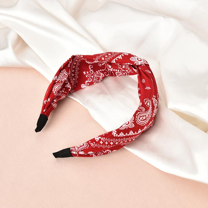 Red Bandana Headbands for Women - Paisley Print Wide Turban, Vintage Cross Twist Knot, Non-Slip Boho Hair Accessories