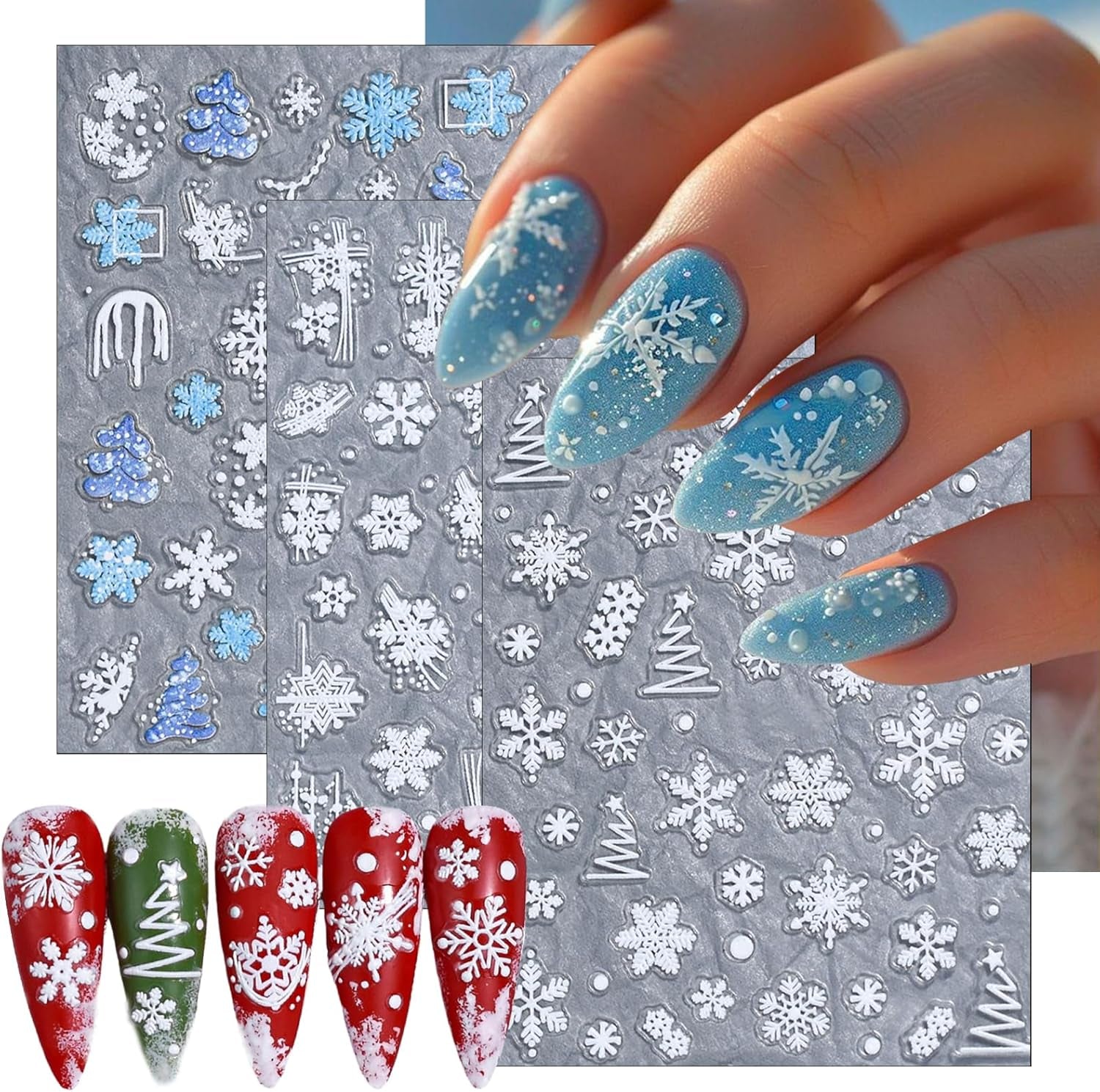 3 Sheets Christmas White Snowflake Nail Art Stickers 5D Embossed Blue Xmas Tree Nail Decals Xmas Winter French Snowflake Design Nail Stickers for Women and Girls DIY Christmas Nail Decoration