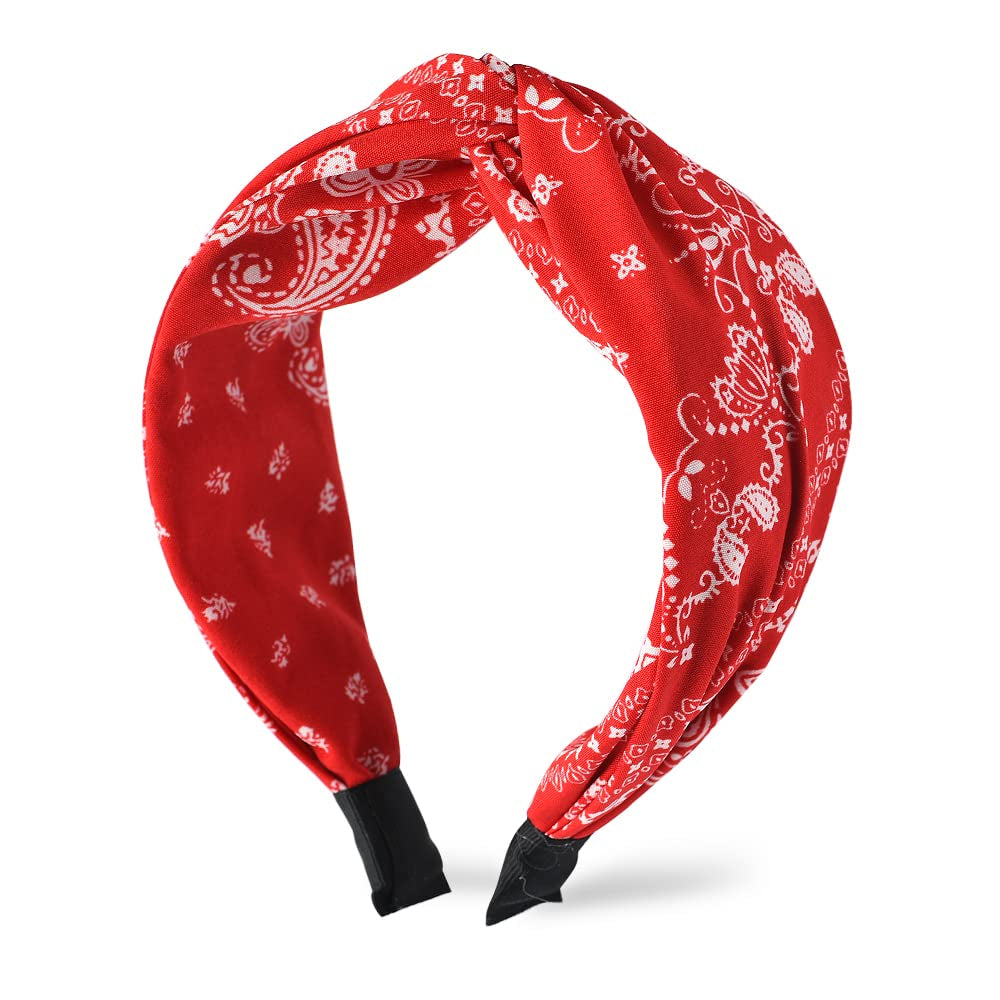 Red Bandana Headbands for Women - Paisley Print Wide Turban, Vintage Cross Twist Knot, Non-Slip Boho Hair Accessories