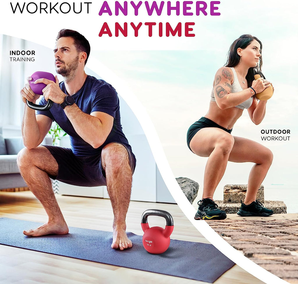 Kettlebell, 5-65 LB Neoprene Coated Cast Iron Kettlebells, Wide Grip Handle & Flat Bottom for Swings, Squats, Deadlifts, Push Ups & Full Body Training at Home Gym - Single & Set