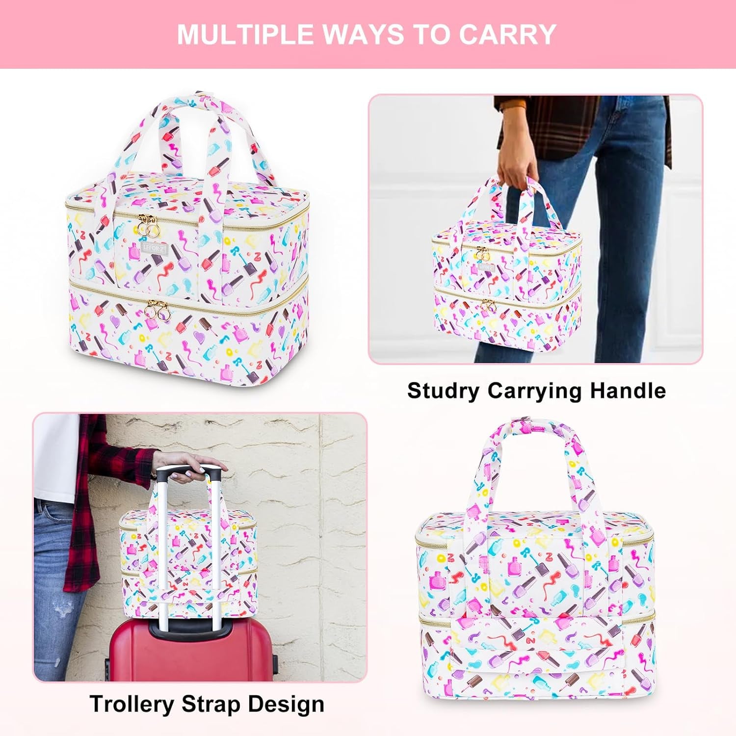 Nail Polish Organizer,Nail Organizers and Storage for Nail Tech,Nail Polish Carrying Case Bag Holds 40 Bottles and Nail Lamp,Portable Nail Polish Holder for Nail Supplies,Nail Polish Print Pattern