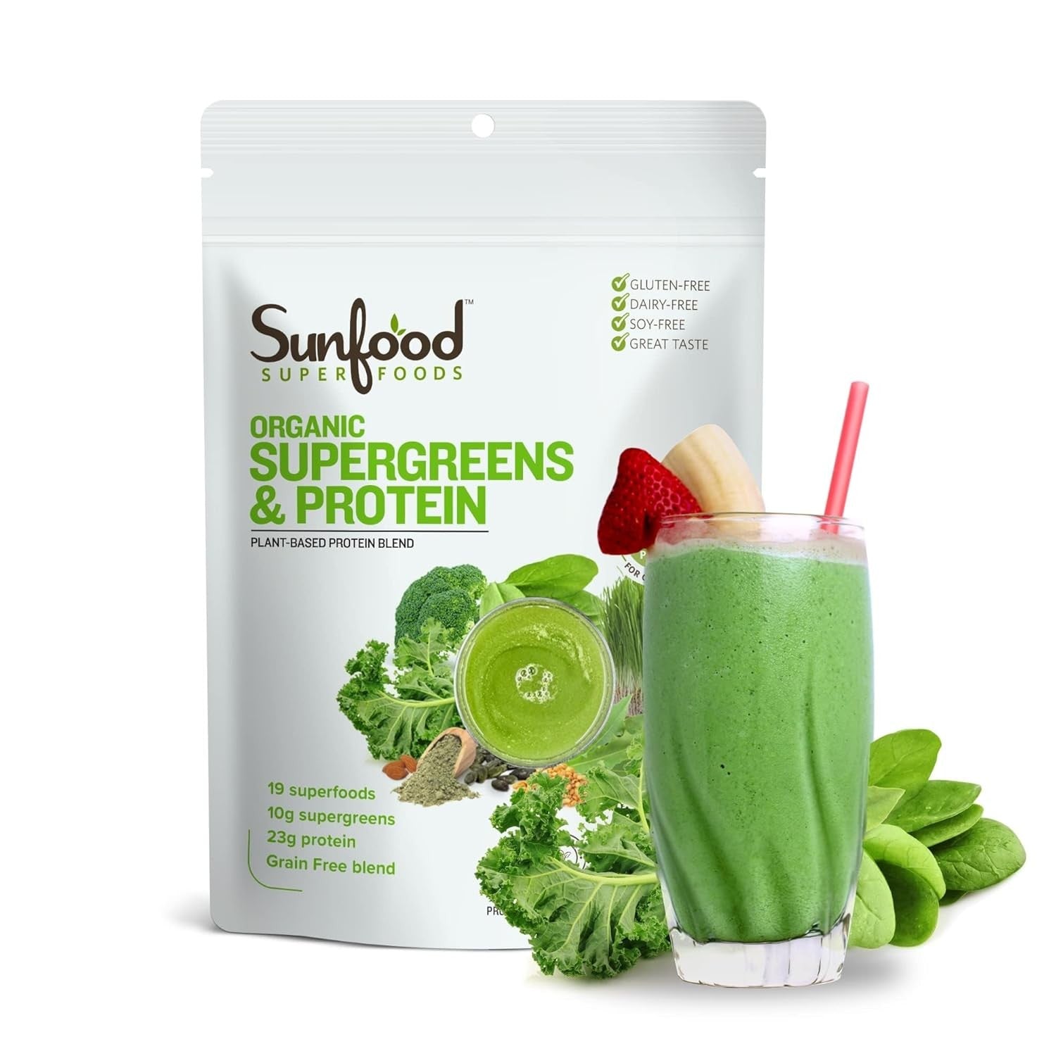 Sunfood Organic Supergreens & Protein - Greens Superfood Powder, Organic Protein
