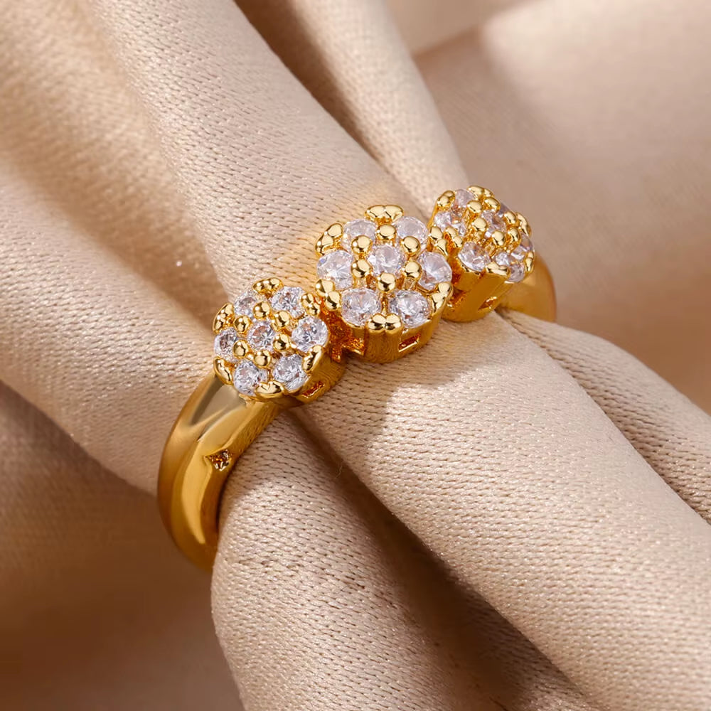 Zircon Flower Shaped Rings for Women Stainless Steel Open Ring Fashion Korean New Wedding Jewerly Gift