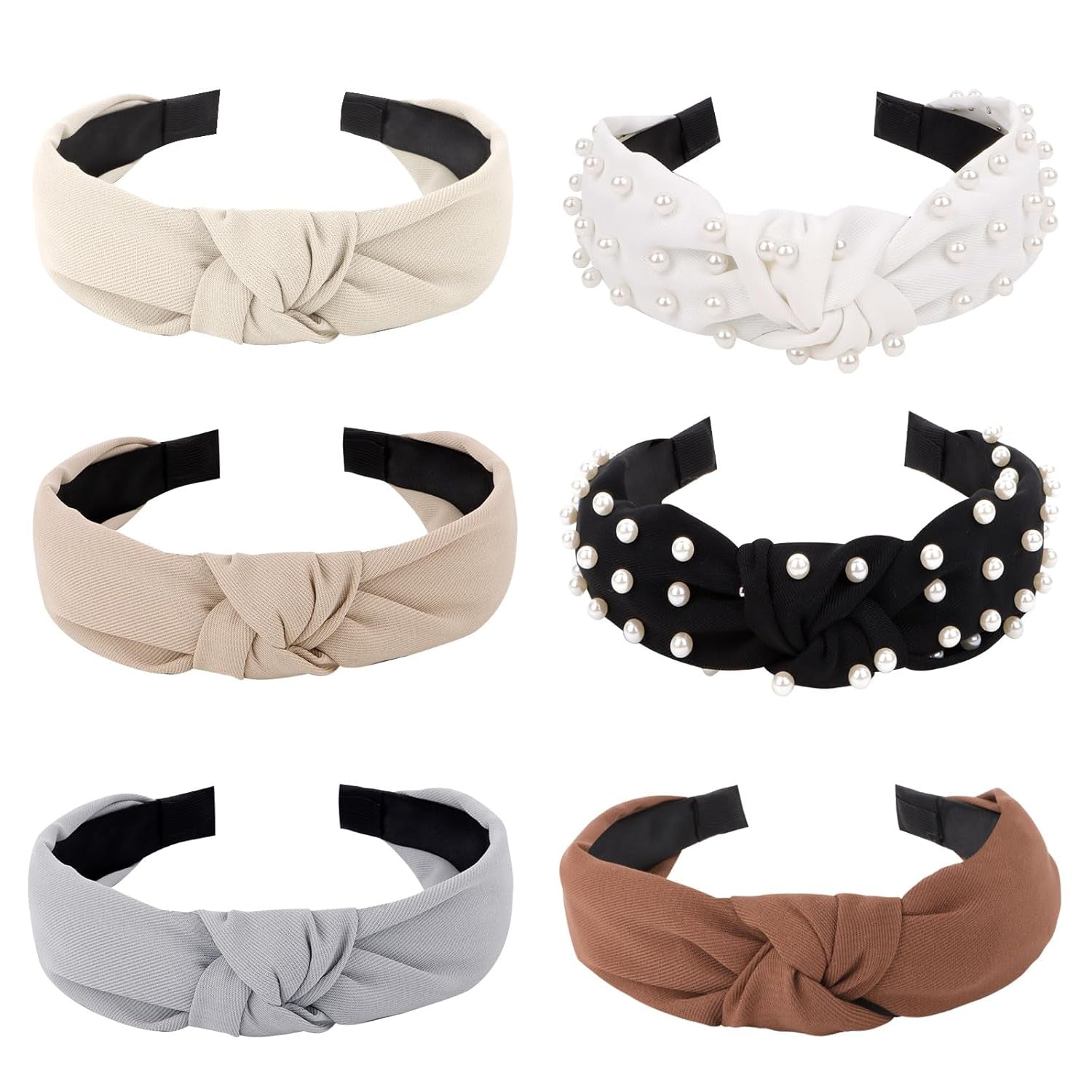 6PCS Knotted Headbands for Women Girls Non Slip Pearl Headband Top Knot Headband for Women Black White Brown Head Band Hair Accessories for Women