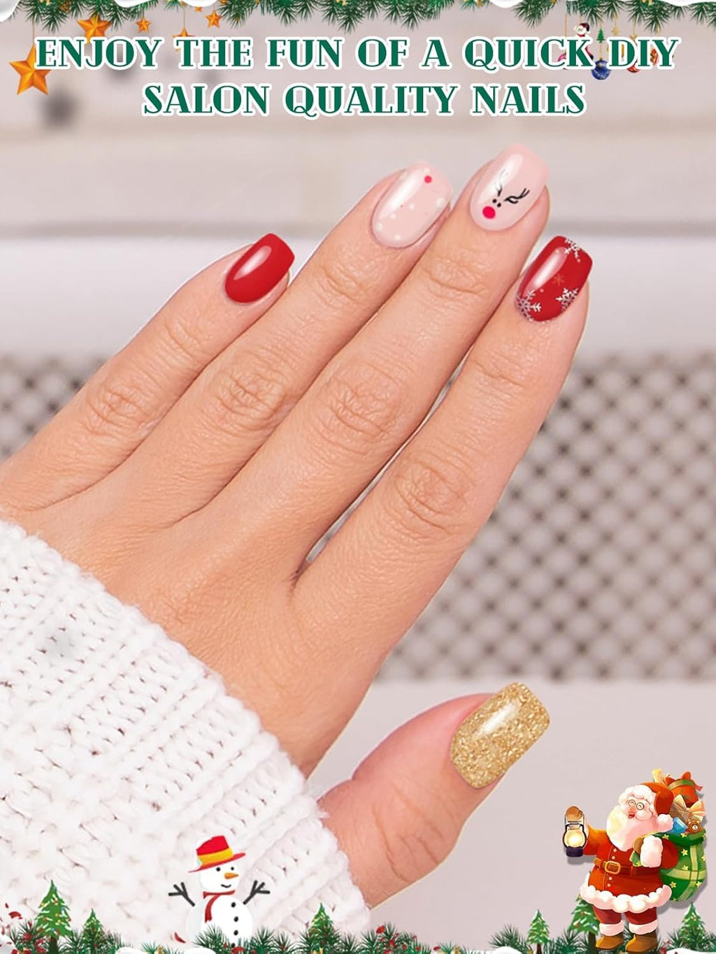 Christmas UV Gel Nail Art Stickers - 24PCS Semi Cured Nail Strips with Red Glitter, Elk Design, Nail File and Stick for Holiday Manicure