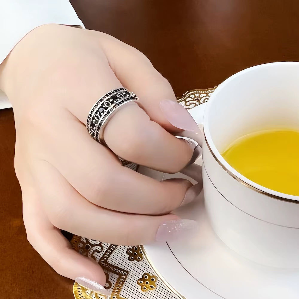 Black Ornament Ring Europe Style Vintage Jewerly for Girls Women Summer Brand New Gift in 925 Sterling Silver