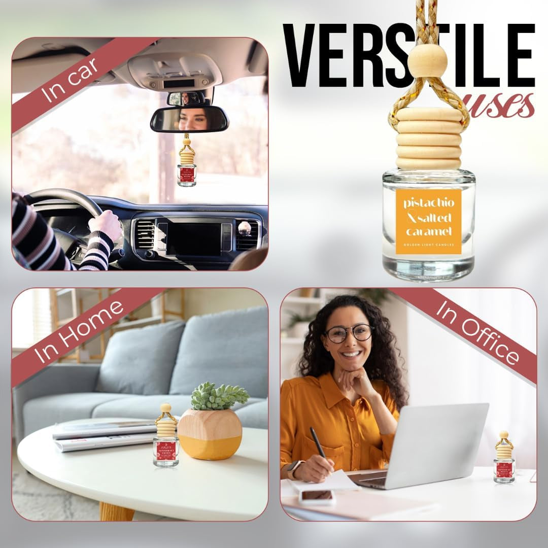 Car Air Freshener Hanging Diffuser 2 Pack – Pistachio & Salted Caramel Scent, 45+ Days Long Lasting Essential Oil Fresheners, Made in USA, Cute Car Diffuser for Women