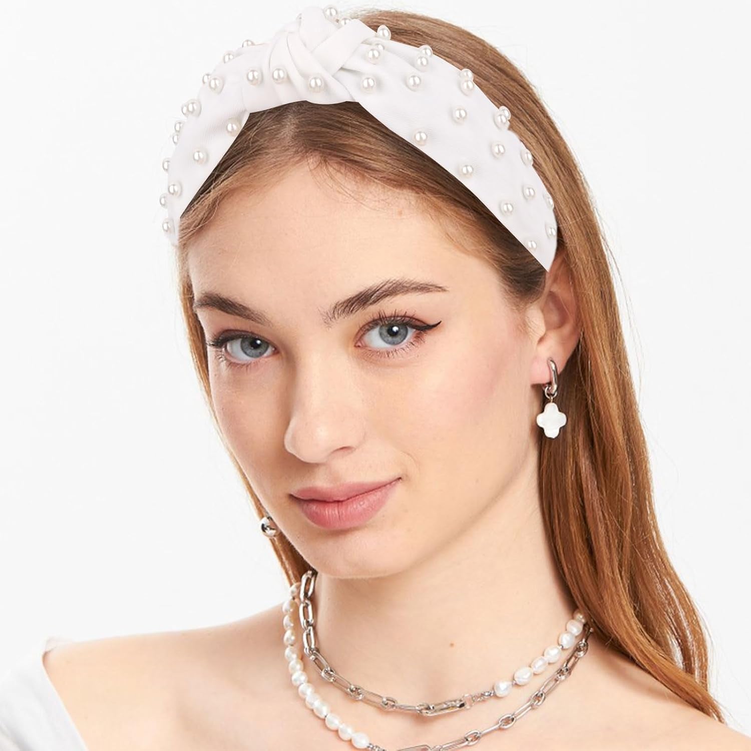 6PCS Knotted Headbands for Women Girls Non Slip Pearl Headband Top Knot Headband for Women Black White Brown Head Band Hair Accessories for Women